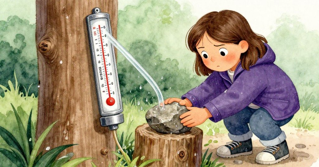 Cora蹲在老舊木柱旁，專注調整傾斜的雨量計，手中捧著石塊，木紋與水滴細節清晰，充滿決心。