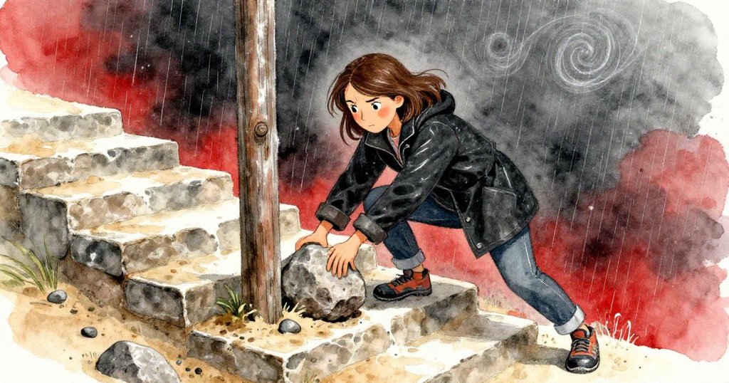 Cora蹲在濕滑的砂岩階梯上，用力將石塊楔入木柱下，雨水飛濺中展現出堅毅與動感。