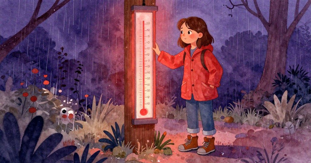 雨暫停時Cora靜立於濕潤庭院，木柱與雨量計在暖光中散發懷舊色彩，展現出平靜的決心。