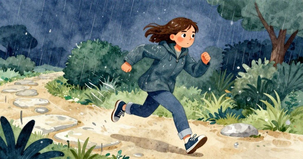 Cora急速奔跑於濕潤砂岩小徑上，雨滴飛濺中展現出決心與能量，路面質感與急促步伐相映成趣。