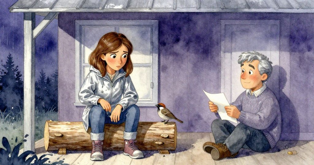 Cora於門廊下認真記錄雨量計數字，Grant靜坐折疊報紙，石上棲息的麻雀點綴著寧靜落幕。