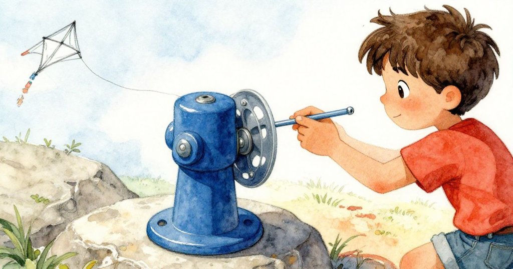 德雷克專注於藍色錨釘和風箏線，手中描繪風箏軌跡，細節展現石面紋理與晨光。