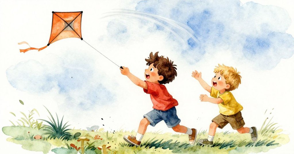 風起瞬間德雷克與柯賓迅速反應，風箏急速俯沖，神情驚訝且堅定，風草與石頭動感交織。