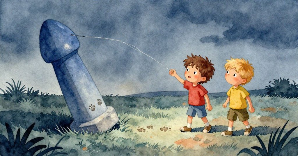 風停後藍色錨釘斜倚石面，刻有膝跡，散落風箏線在微風中飄舞，象徵調皮與和解。