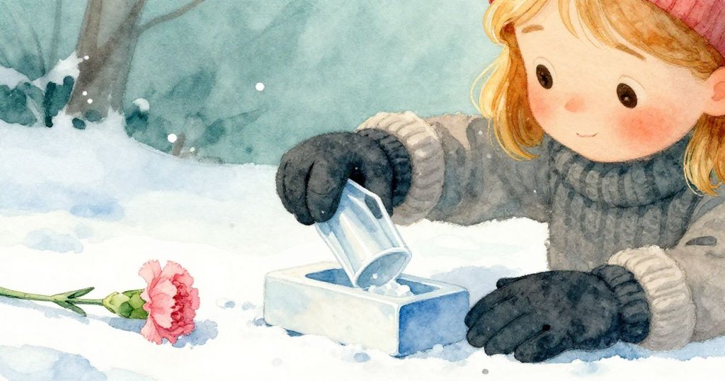 布萊斯專注操作塑膠模具，藍白磚塊隨手落下，粉紅花瓣輕輕飄零在雪地上，形成鮮明對比。