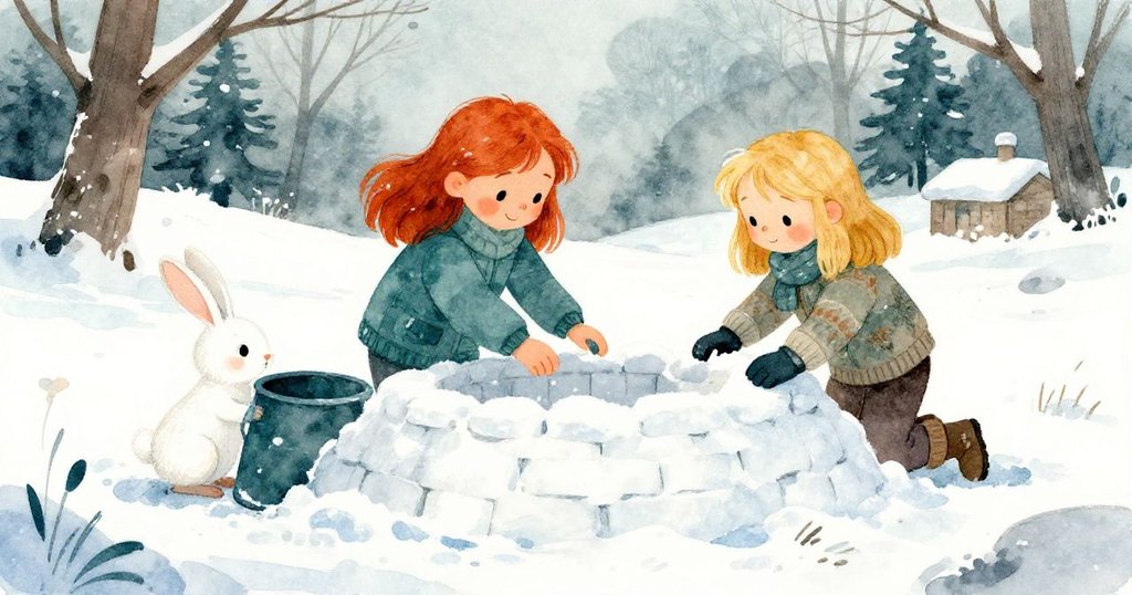 一隻小雪兔從地下視角看見薩布爾與布萊斯忙著建堡，雪地廣闊，細膩的光影流露冬日靜美。