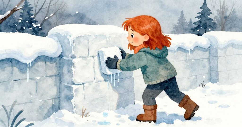 陰沉天空下，薩布爾使勁將濕雪磚嵌入堡壘牆中，冰水順縫流下，動作專注且堅決。