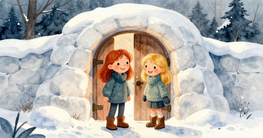 薩布爾與布萊斯在雪地堡壘前相視而笑，臉上滿溢喜悅與驕傲，背景映襯著溫暖橙光。