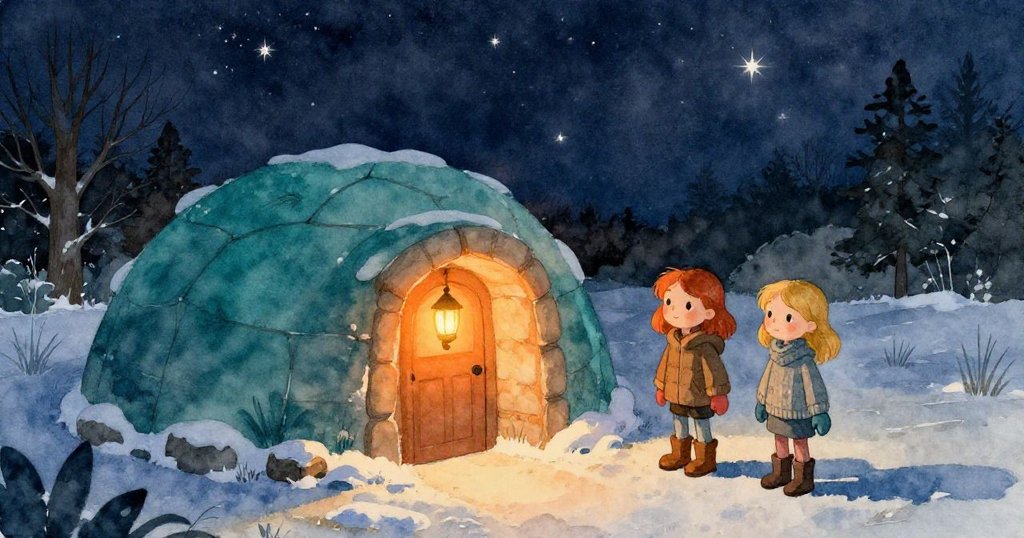 夜幕下雪庭院靜謐，堡壘門前燈光柔和，薩布爾與布萊斯安靜站立，星空閃爍傳遞寧和希望。