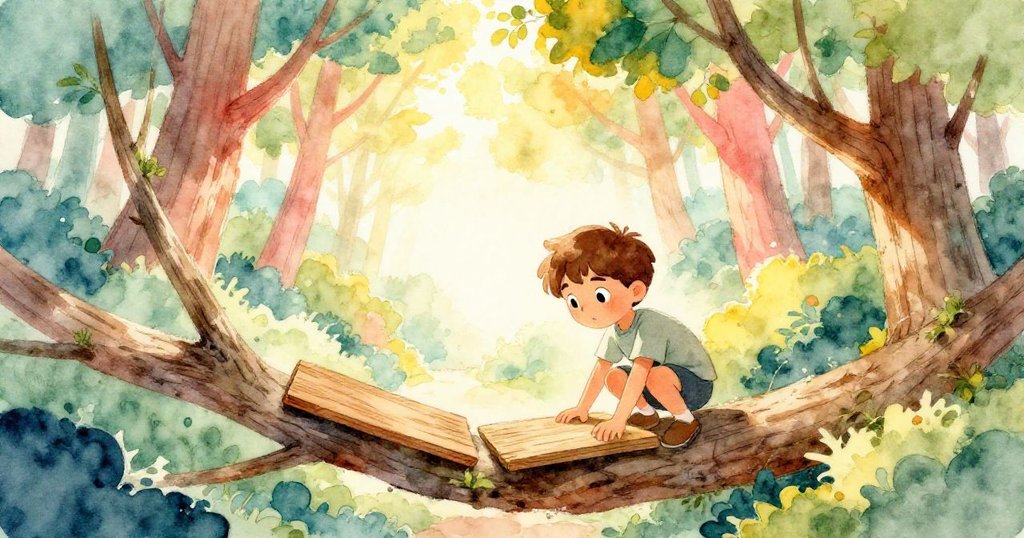 Xander在繁複樹枝間準備木板,展現專注與好奇,柔和晨光灑落樹林,充滿冒險與期待感