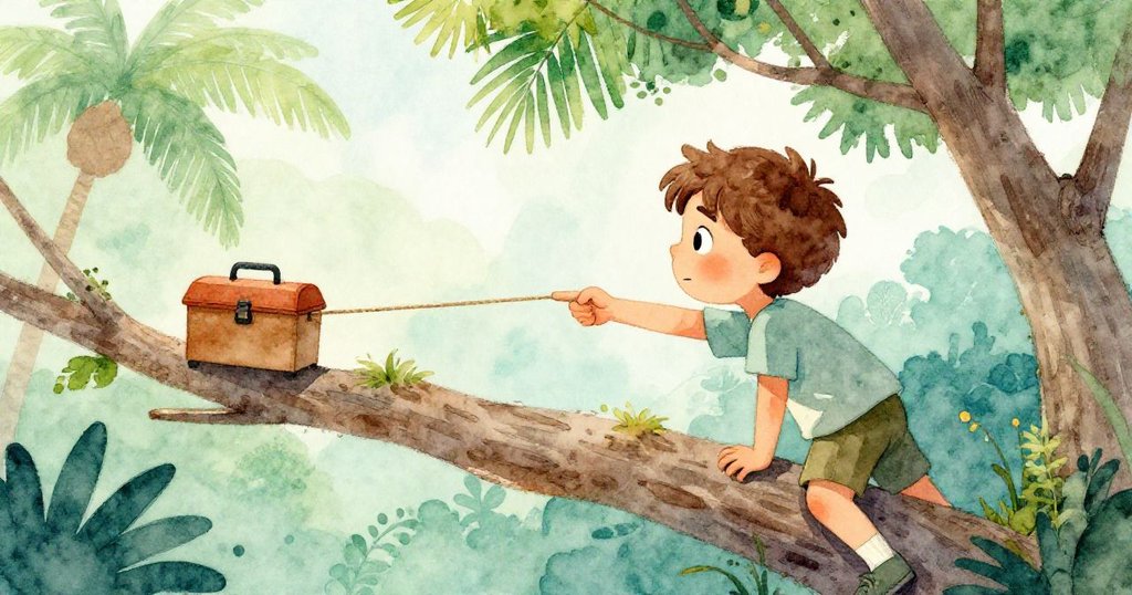 Xander背對觀眾注視繩索下降,遠處家長正在整理工具箱,展現認真與專注的情景