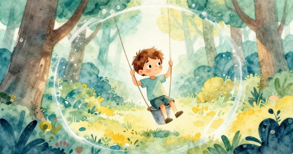 Xander注視搖擺中的水桶,晨露如薄霧覆蓋畫面,呈現微妙波光,充滿神秘與驚喜