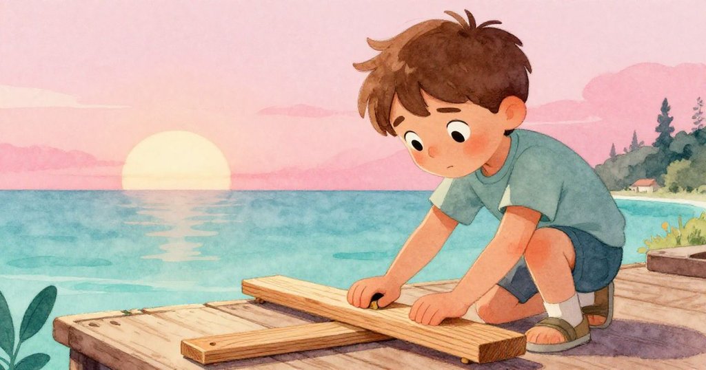 Xander最終用細木片固定木板,使平台穩定吻合,滿懷平靜與滿意,畫面呈現溫柔結局與隱約未完待續的氣息