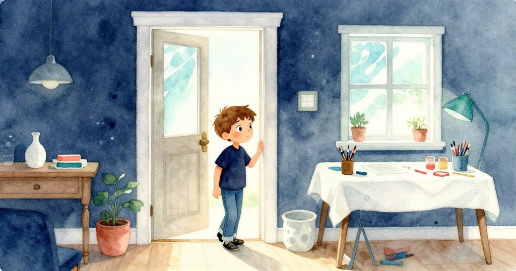 Ned 穿過木門進入溫暖工坊，窗光融入室內，興奮期待開始創作新嘗試