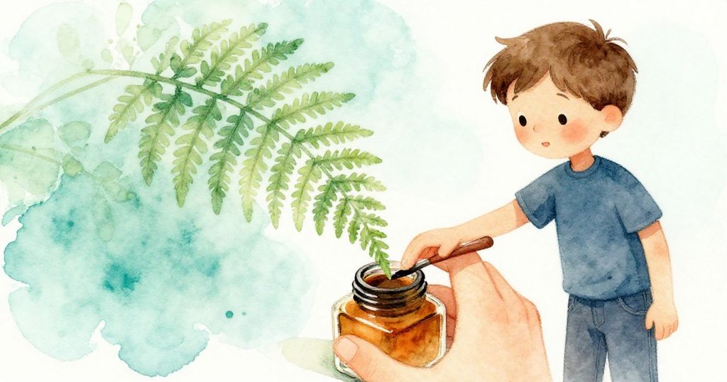 Ned 專注以手指輕觸古舊墨墊，用蕨葉印出細膩紋路，展現創作用心瞬間