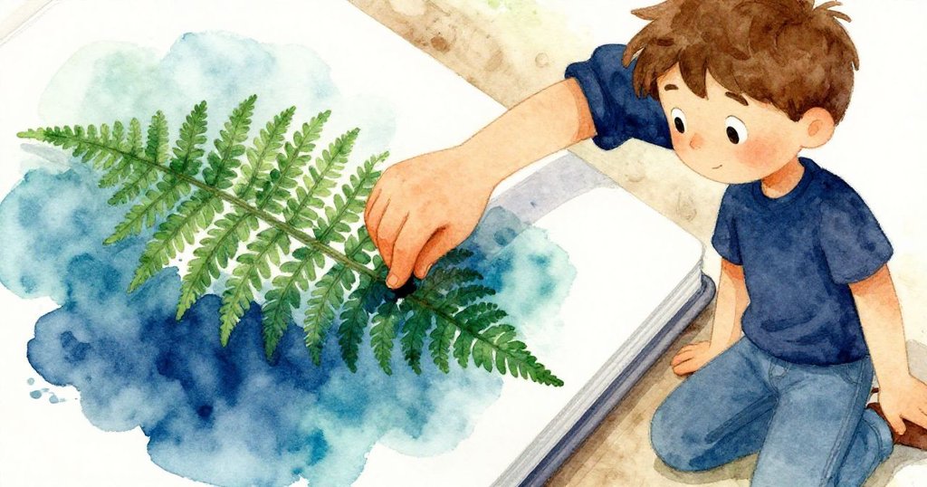 Ned凝聚目光，堅定按壓蕨葉與墨墊接觸，瞬間凍結成藝術昇華決定時刻