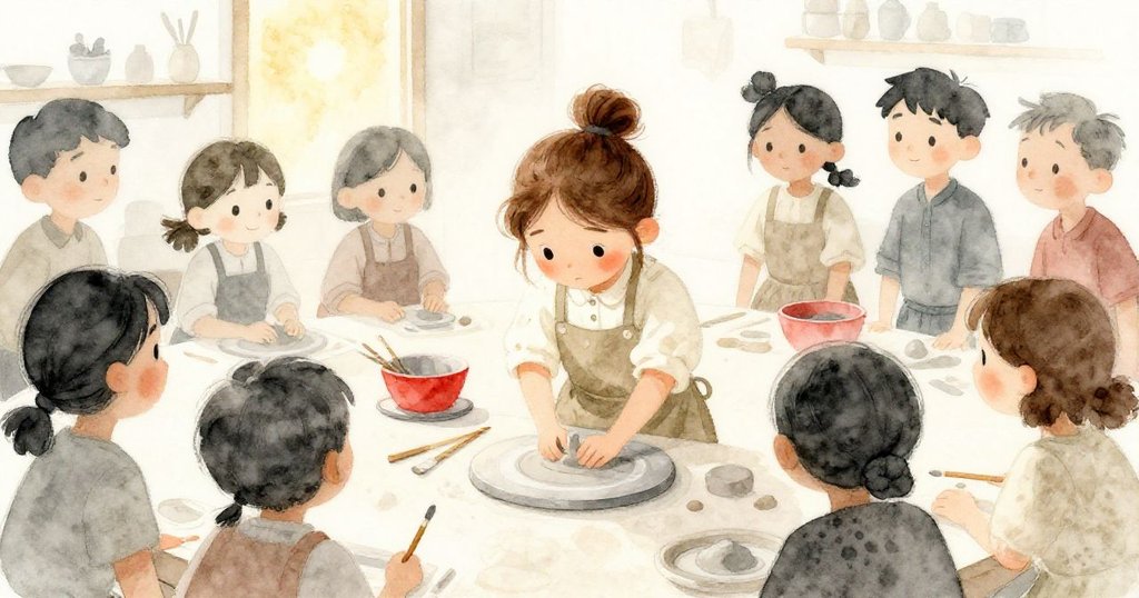 Iris在工作室中忙著操作黏土，周圍孩童興奮觀看，她臉上充滿專注與期待，環境溫暖明亮。