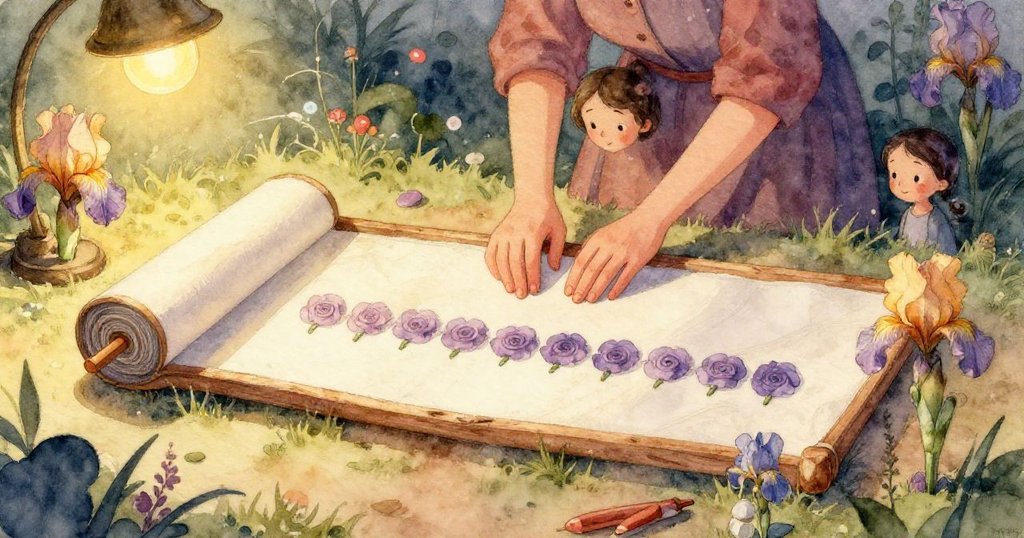 Iris小心地握著溫暖的印章，陽光照耀下印章與黏土細節清晰，表現出創作前的專注與期待。