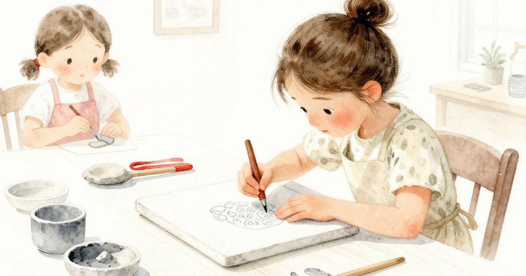 從Iris背後看見她專注調整黏土板，手部細節清晰，正準備按下印章形成精緻花紋，工作環境細膩溫暖。