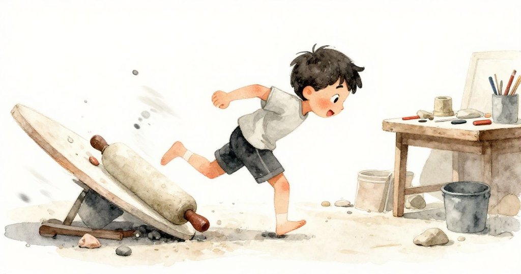 Jasper急奔追逐滑動的擀麵杖，桌上散落黏土與工具，動態效果強烈，表情充滿急切與活力，場景明亮。