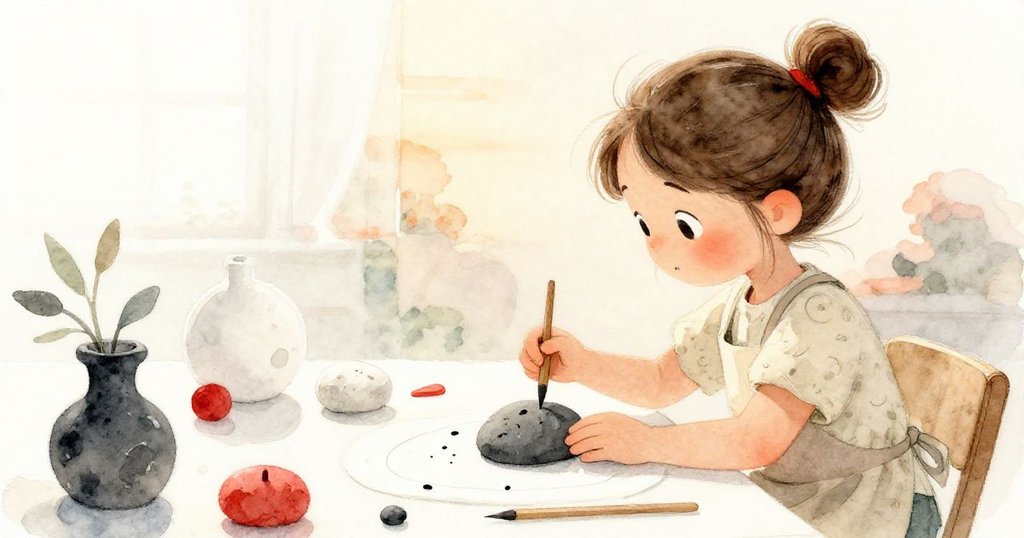 Iris滿意地欣賞自己獨特的黏土藝術，細節中展現錯誤的美感，她臉上流露出平靜與自信，環境溫馨宜人。