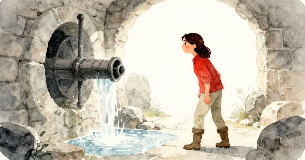 奧珀在石室內緊握鐵製絞盤，背景水流湍急，輪廓分明，展現堅定與光亮環境掩映的情景。