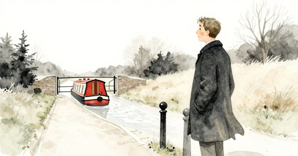 西拉斯站在河岸邊的固定柱旁，外套隨風飄動，注視著漸近閘門的小船，展現平靜過渡之刻。