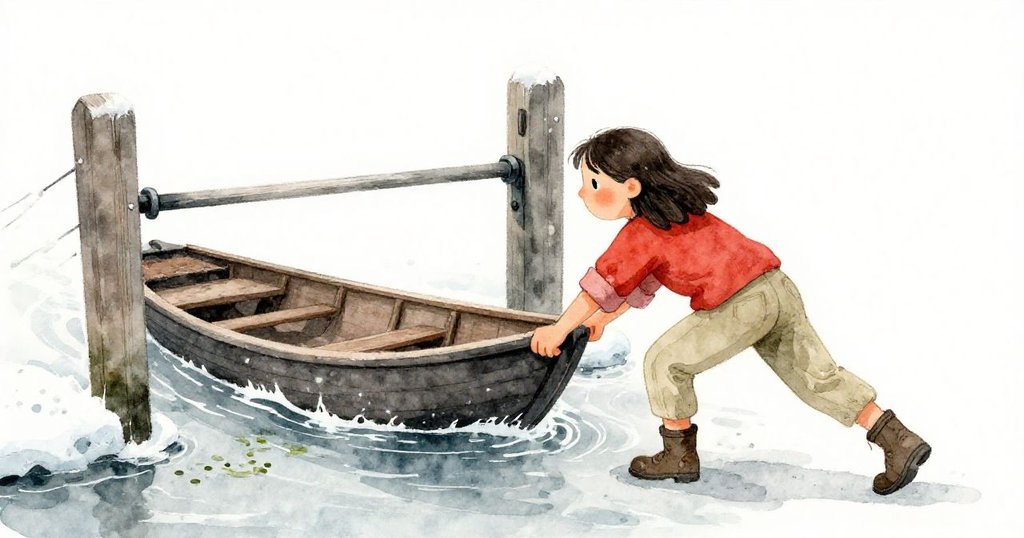 水面觸及青苔邊緣，閘門微動之際，奧珀集中全力推動，小船與她臉上盡顯堅定與釋放的瞬間。