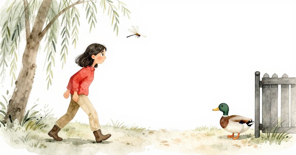 奧珀緩步退下，龍蜻蜓飛向柳樹，鴨子在微開閘門旁浮動，整體氛圍寧靜而引人深思。