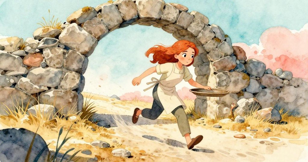 Ilsa 穿過拱形入口，小心推托盤於乾燥堤岸上，展現堅定與溫暖，故事初始展開。