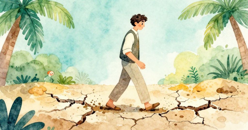 Pierce 踏在龜裂泥土上，小心接過托盤，腳步穩健，展示任務展開的初步發展。