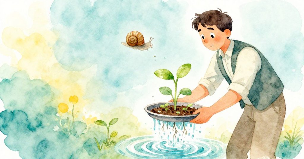 Pierce 放下托盤，目光溫柔注視水中搖曳的幼苗與逐漸漂走的小蝸牛殼，情緒由緊繃轉為釋然。