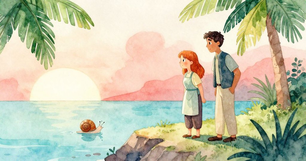 在穩定的堤岸上，Pierce 與 Ilsa 靜觀小蝸牛殼緩緩旋轉遠去，展現柔和告別與任務圓滿結局。