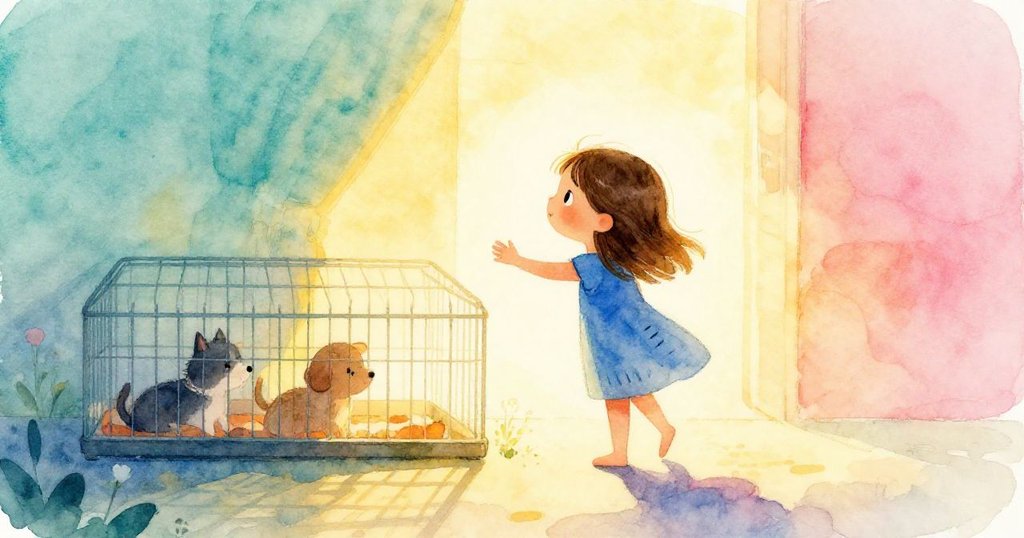 Sable站在室內木地板上，金色陽光映照下伸手觸及低籠邊，展現期待與溫馨家庭氣氛。