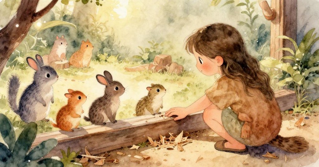 Sable的手輕輕觸碰寵物籠邊，木屑飛舞細節清晰，呈現專注與溫柔細膩的家庭氛圍。