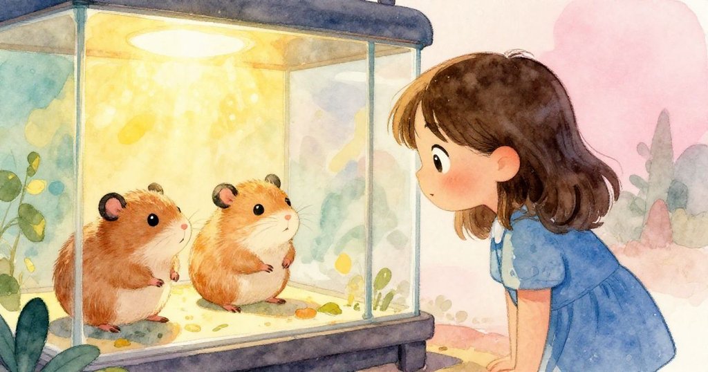 Sable透過玻璃凝視籠內，兩隻倉鼠活潑互動，黃金光線映襯下她充滿好奇的目光。