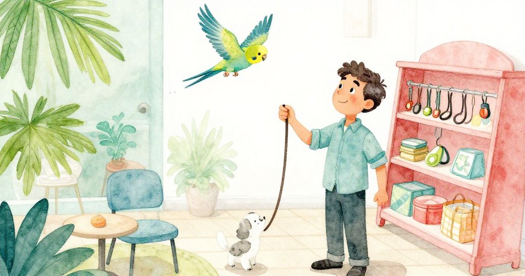從高處俯瞰室內，Sable父親挑選繫繩，旁邊鸚鵡輕快飛舞，營造出溫馨有趣的家庭寵物空間。