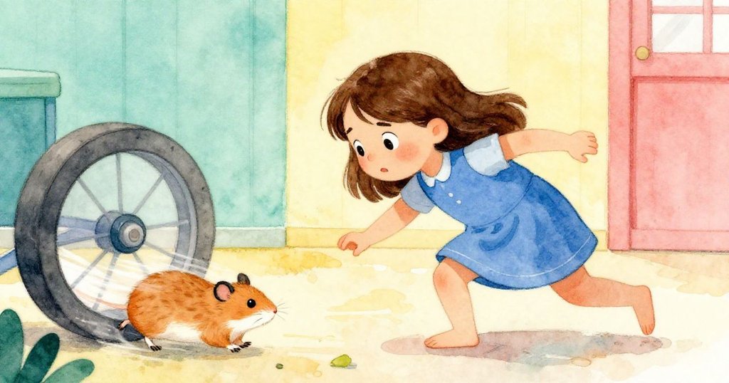 Sable側身蹲下，專注追蹤倉鼠快速奔向轉輪，動感中透著堅定與探索，家庭寵物區充滿活力。