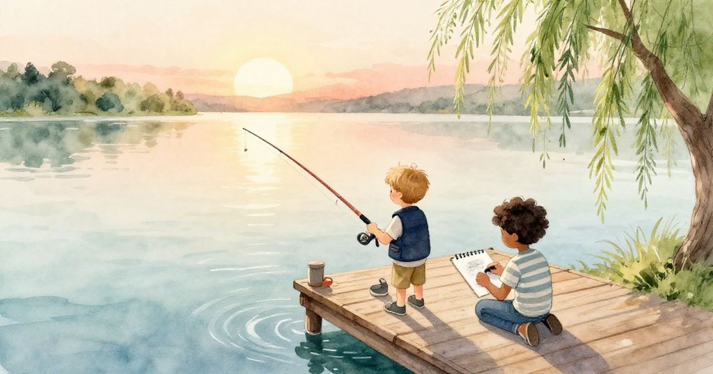 萊爾在碼頭邊準備釣魚，羅南在後面畫畫，鳥瞰視角顯示寧靜湖面、搖曳柳樹與溫暖夕陽，充滿期待與活力。
