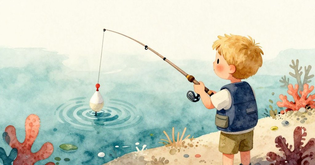 萊爾視角中，釣浮標落入淡影水面產生漣漪，他焦急調整釣線，追尋目標，水面光影交錯充滿動感。