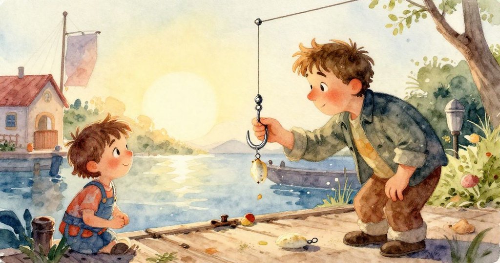 水下景象展現釣浮標隨水流移動，旁邊一片魚鱗優雅旋轉，柳葉輕垂，水面柔光迷人，神秘而詩意。