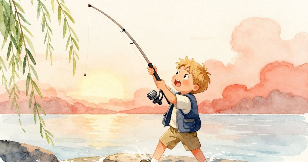 萊爾迅速舉杆避免釣線糾纏，臉上寫滿決心，黃昏光下柳條隨風擺動，動感十足，情緒緊繃。