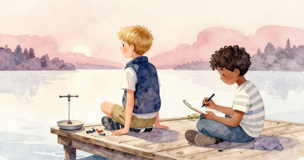 傍晚碼頭上，萊爾凝視鞋邊旋轉魚鱗，羅南安靜畫畫，平靜水面與柔和光線營造出滿足與寧靜氛圍。