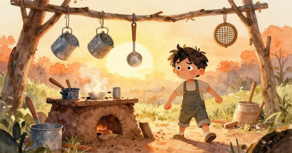 芬恩在清晨暖光中走向泥廚房，背景有生銹鍋具與木質濾網，神情期待展開創作。