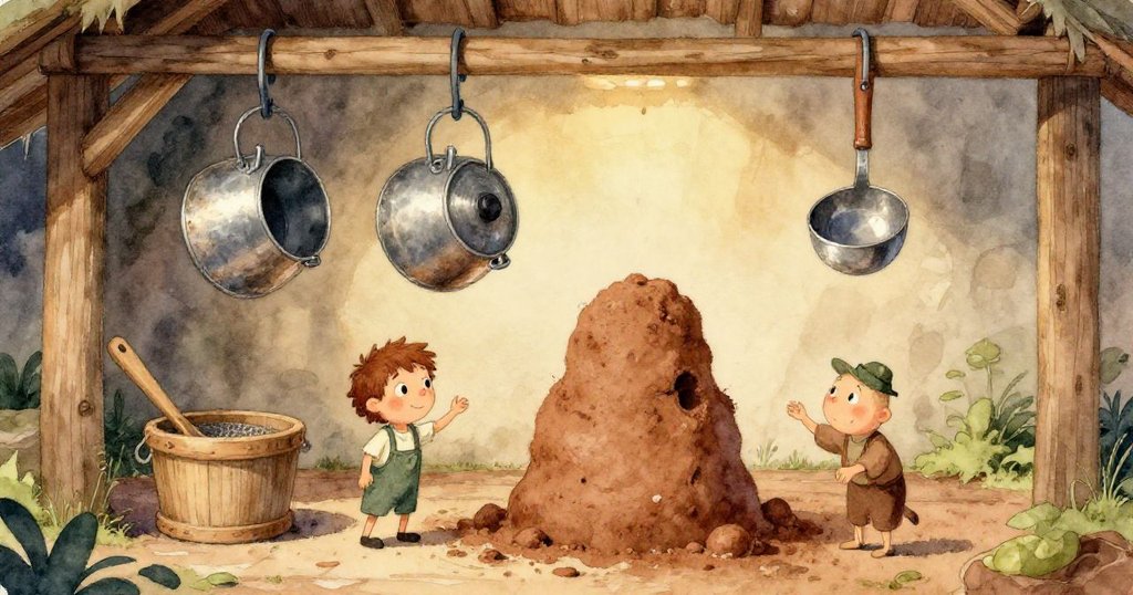 芬恩專注準備舀黏稠膏狀物，眼神堅定，廚房背景中隱約可見褪色工具。