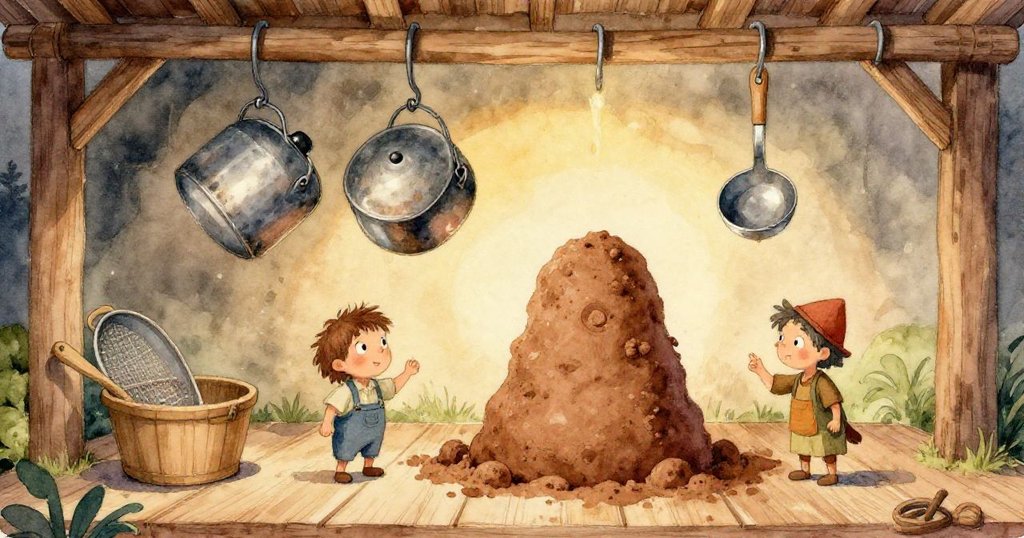 從芬恩視角展示他的手握金屬勺，木板上厚黏膏被細膩刻畫，展現專注製作塔形。