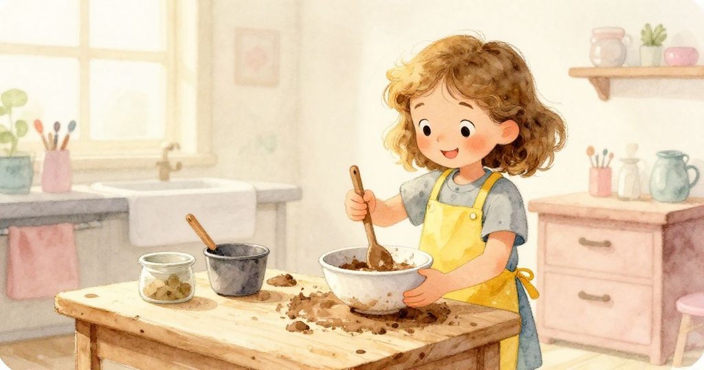 喬茜在別處工作台用木勺攪拌混合物，神情專注，溫暖光線映出廚房內柔和氣氛。