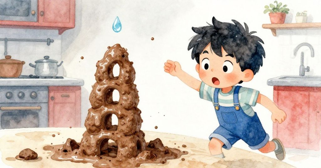 水滴從軟管滴下猛烈撞擊櫃台，芬恩驚慌反應中金屬勺傾斜，塔形因此產生急促變動。