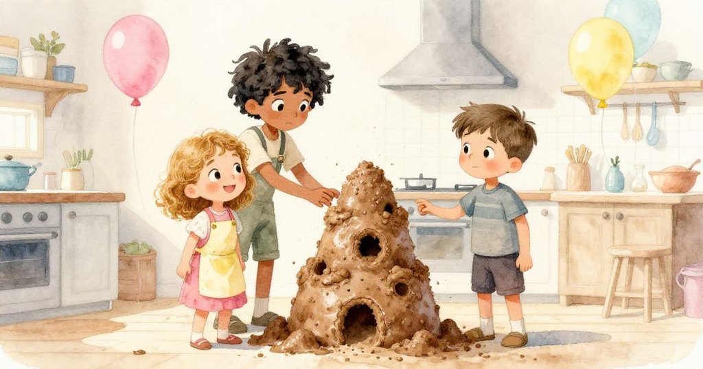 最終塔形穩定，芬恩、喬茜與利安德面帶寬慰笑容凝視成功結局，室內廚房與飄浮氣球映出溫馨氣氛。