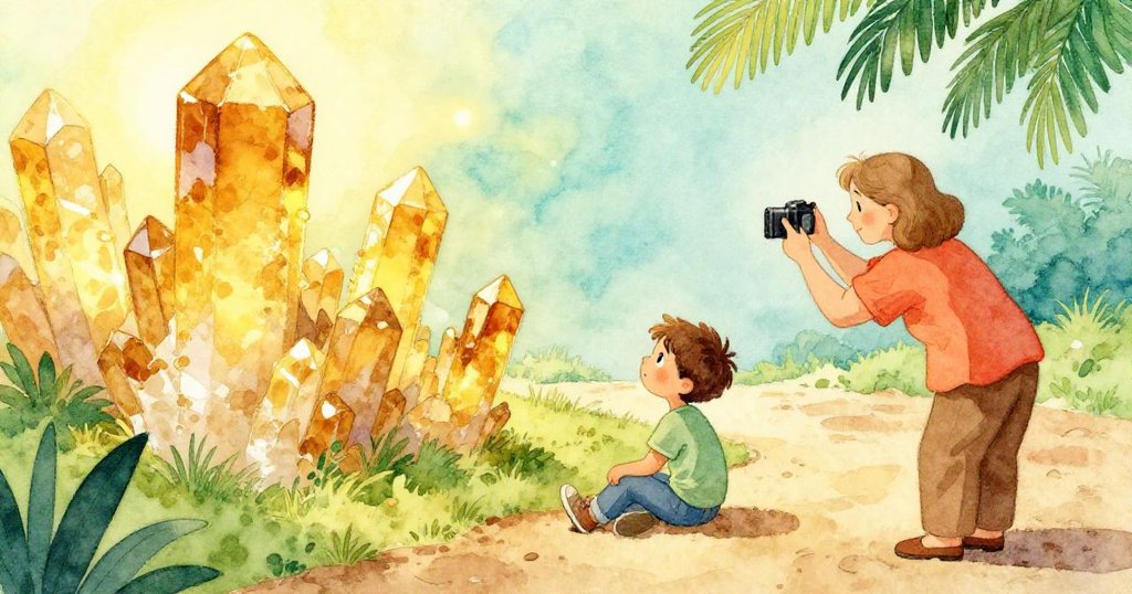 馬克斯在彎路上坐在溫暖土壤上,顯露專注與好奇,姨媽在一旁拍攝,背景石礫關聯自然情境